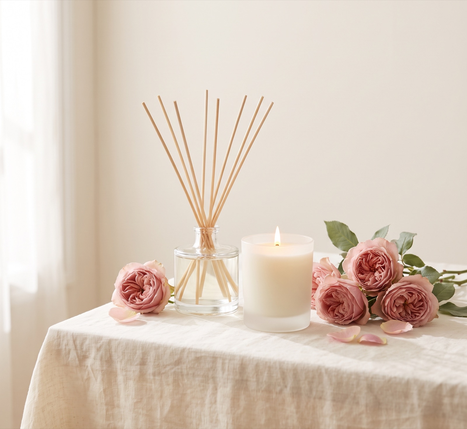 Bouquet parfumé et bougie Rose Absolue 1925 posés sur une nappe de lin